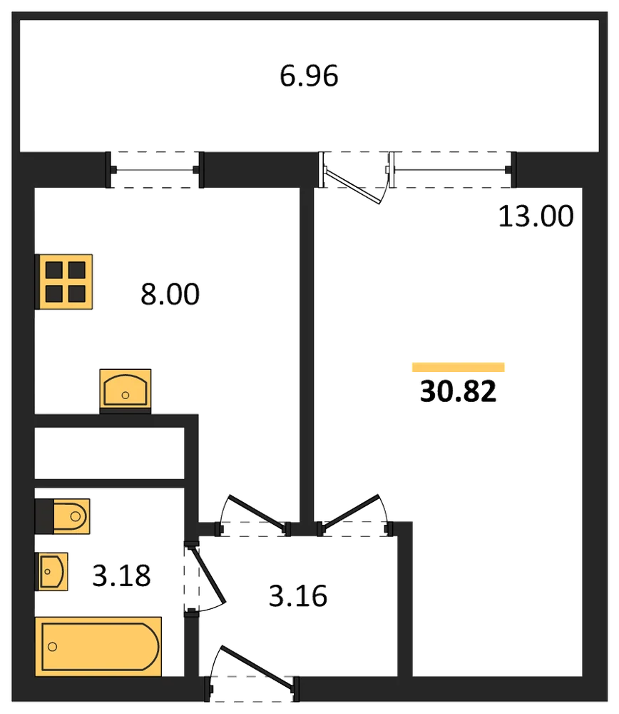 Планировка: 1-комн., 30,8 м²