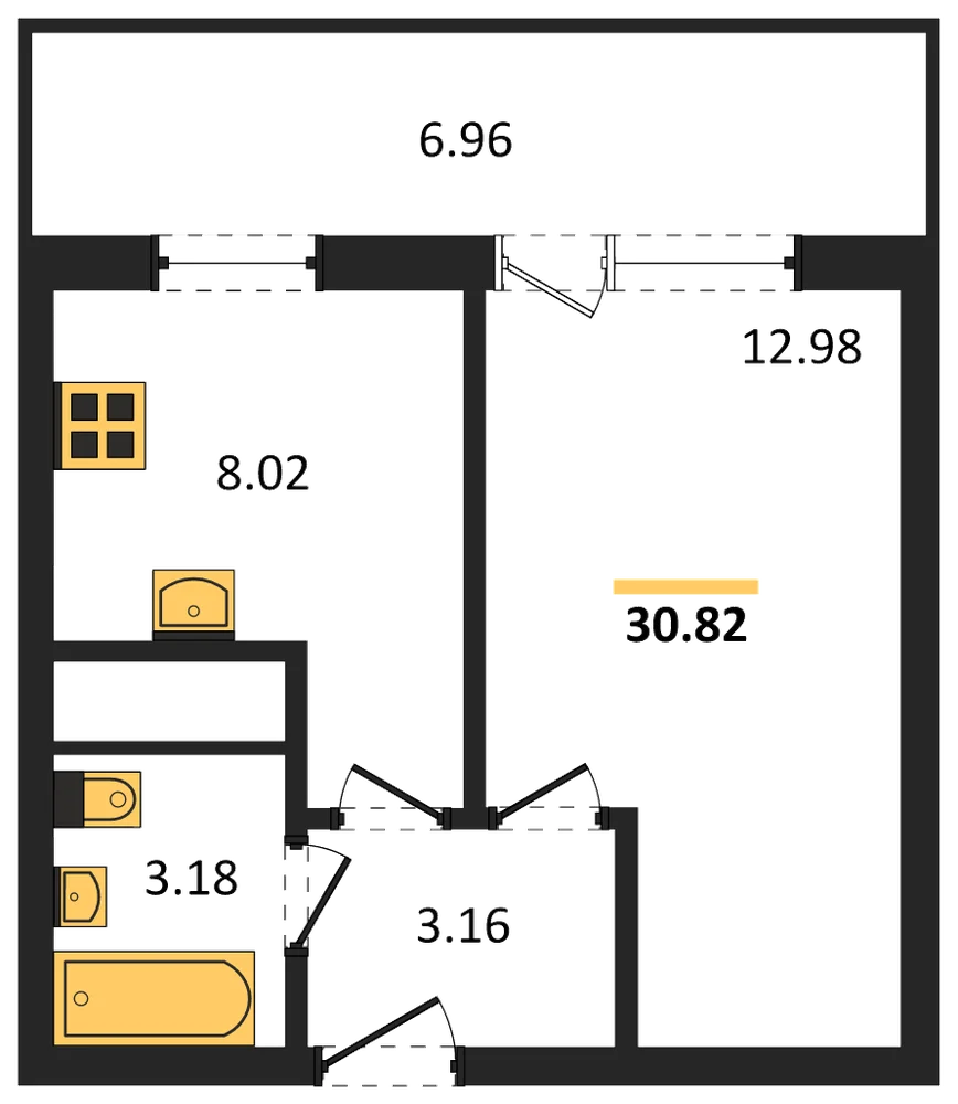 Планировка: 1-комн., 30,8 м²