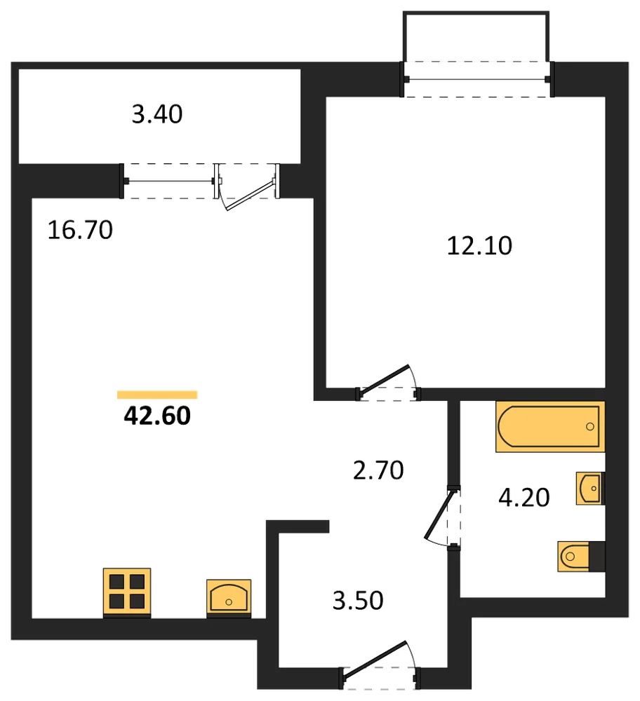 Планировка: 1-комн., 42,6 м²
