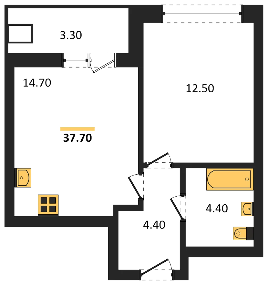 Планировка: 1-комн., 37,7 м²