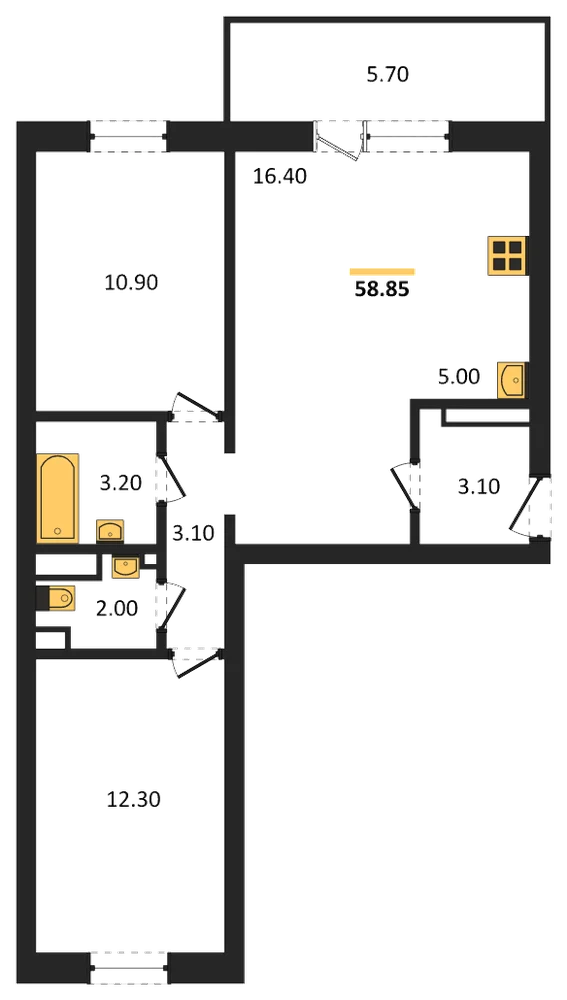 Планировка: 2-комн., 55,6 м²