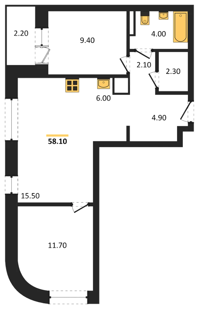 Планировка: 2-комн., 58,1 м²