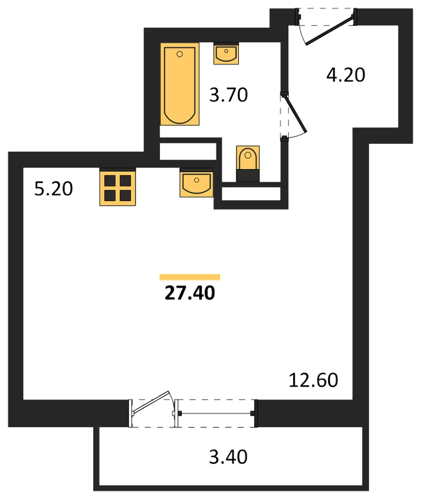 Планировка: Студия, 27,4 м²