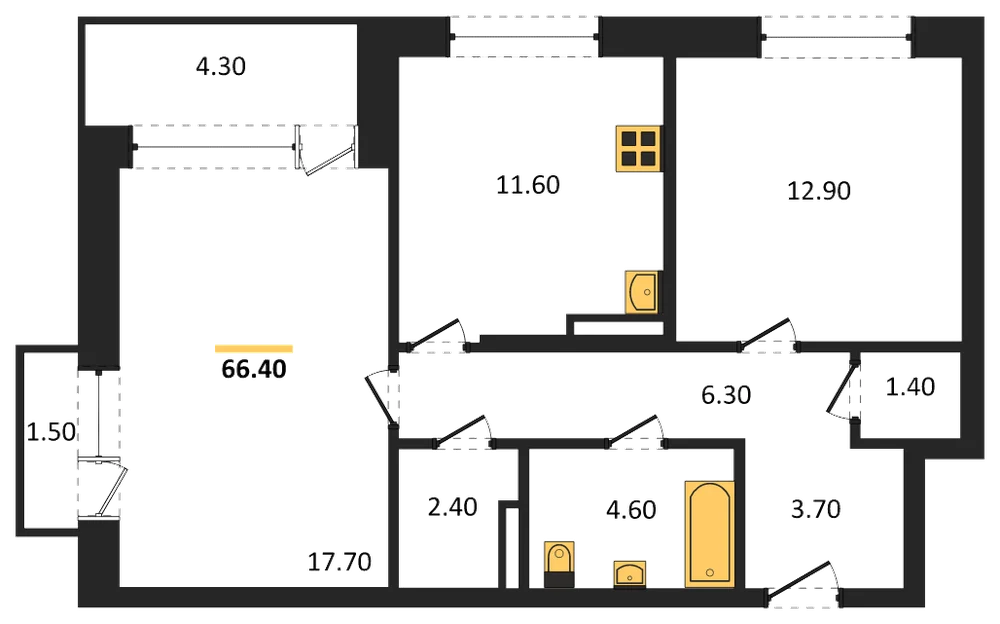 Планировка: 2-комн., 66,4 м²