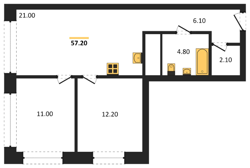 Планировка: 2-комн., 57,2 м²