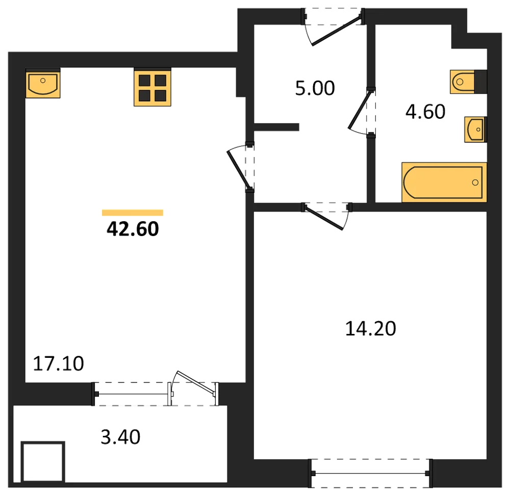 Планировка: 1-комн., 41,4 м²