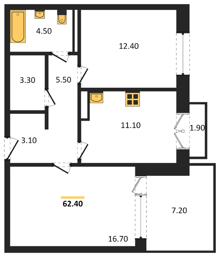 Планировка: 2-комн., 62,4 м²