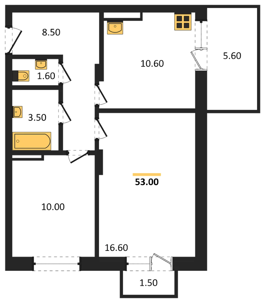 Планировка: 2-комн., 53 м²