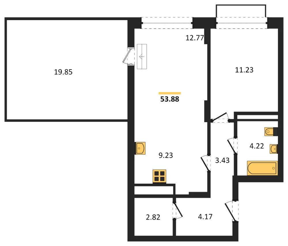 Планировка: 1-комн., 53,9 м²