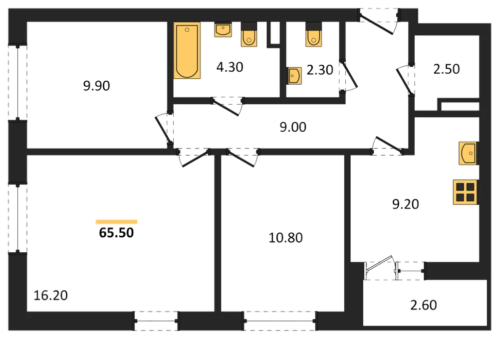Планировка: 3-комн., 65,5 м²