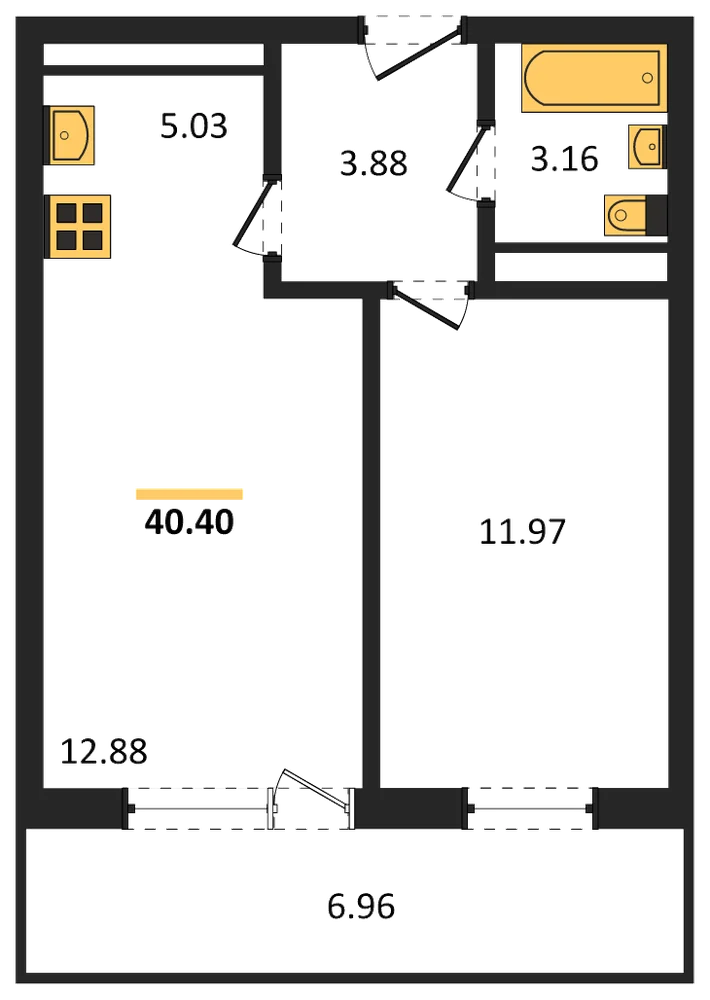 Планировка: 2-комн., 40,4 м²