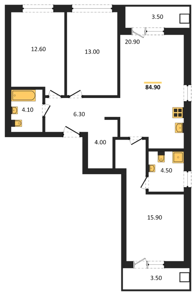 Планировка: 3-комн., 84,9 м²