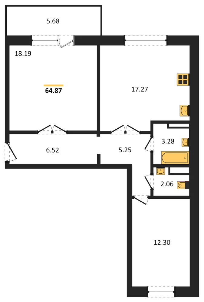 Планировка: 2-комн., 65,1 м²