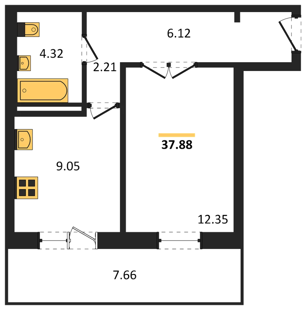 Планировка: 1-комн., 37,9 м²