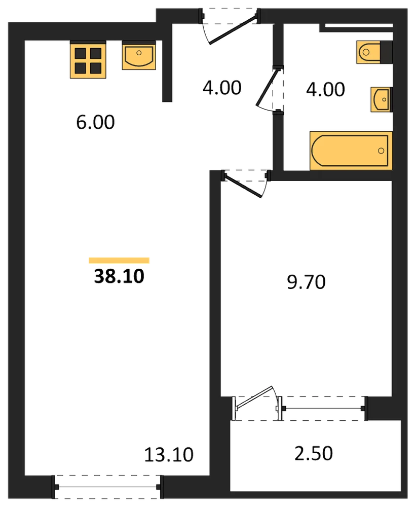 Планировка: 1-комн., 38,1 м²