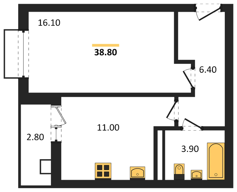 Планировка: 1-комн., 38,8 м²