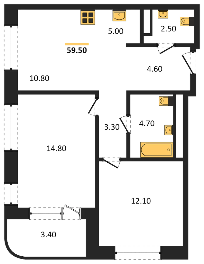 Планировка: 3-комн., 59,5 м²