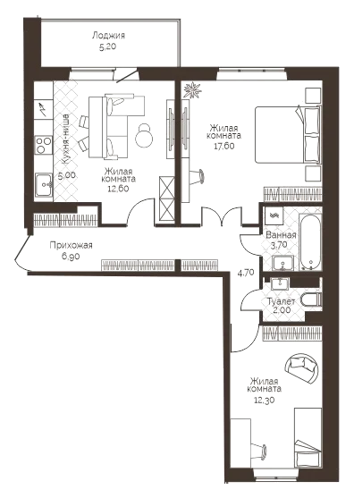 Планировка: 2-комн., 67,4 м²