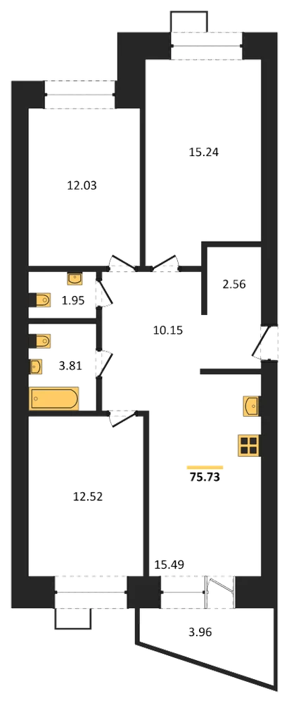 Планировка: 3-комн., 75,6 м²