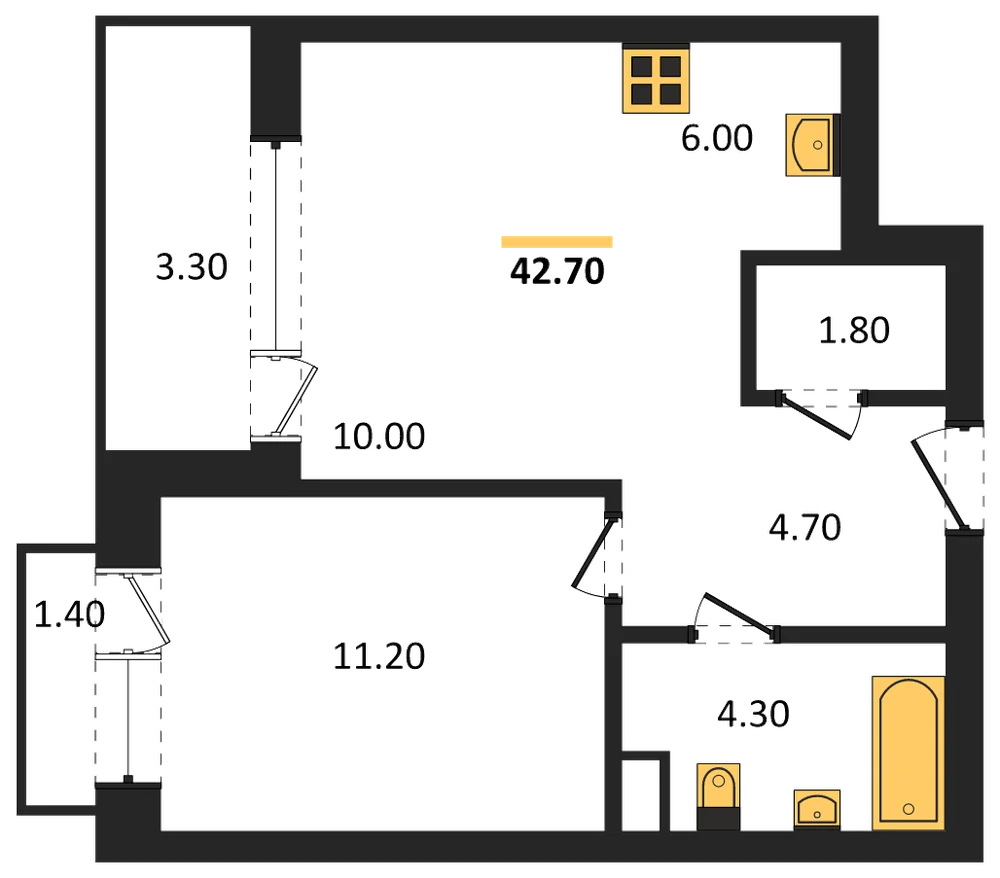 Планировка: 1-комн., 42,7 м²