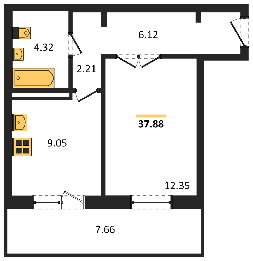Планировка: 1-комн., 37,9 м²