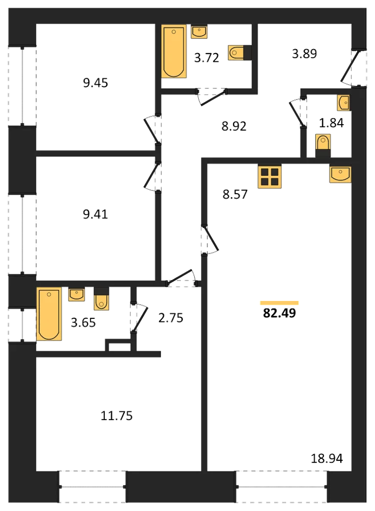 Планировка: 3-комн., 82,9 м²