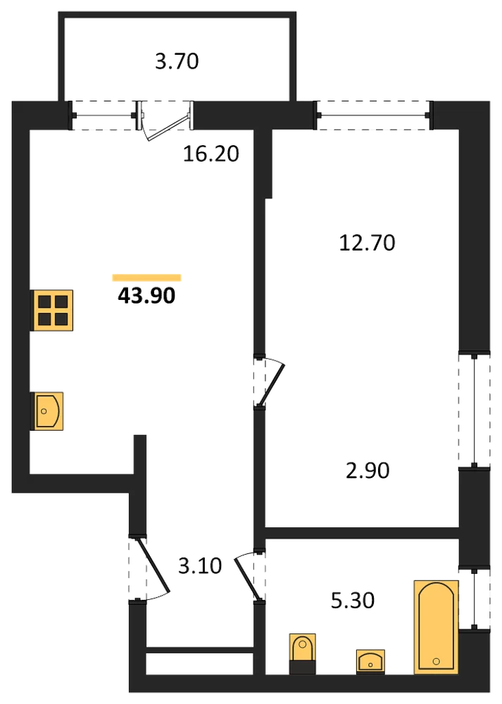 Планировка: 1-комн., 41,3 м²