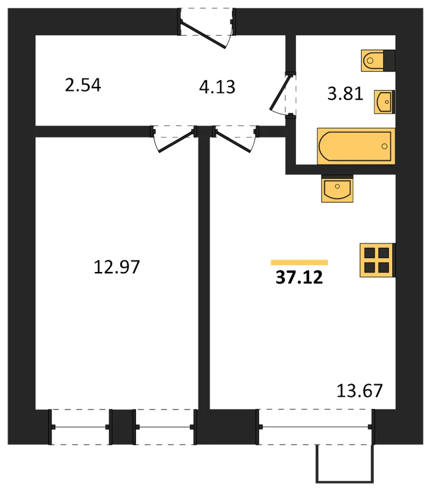 Планировка: 1-комн., 37,1 м²