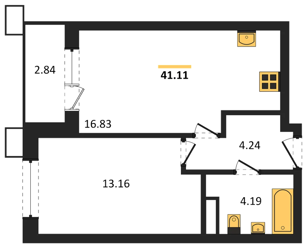 Планировка: 1-комн., 41,1 м²