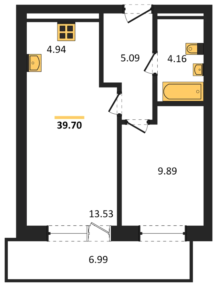 Планировка: 1-комн., 39,7 м²