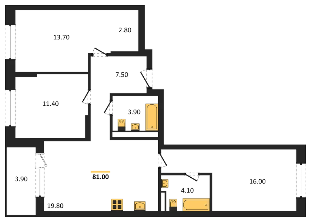 Планировка: 3-комн., 81 м²