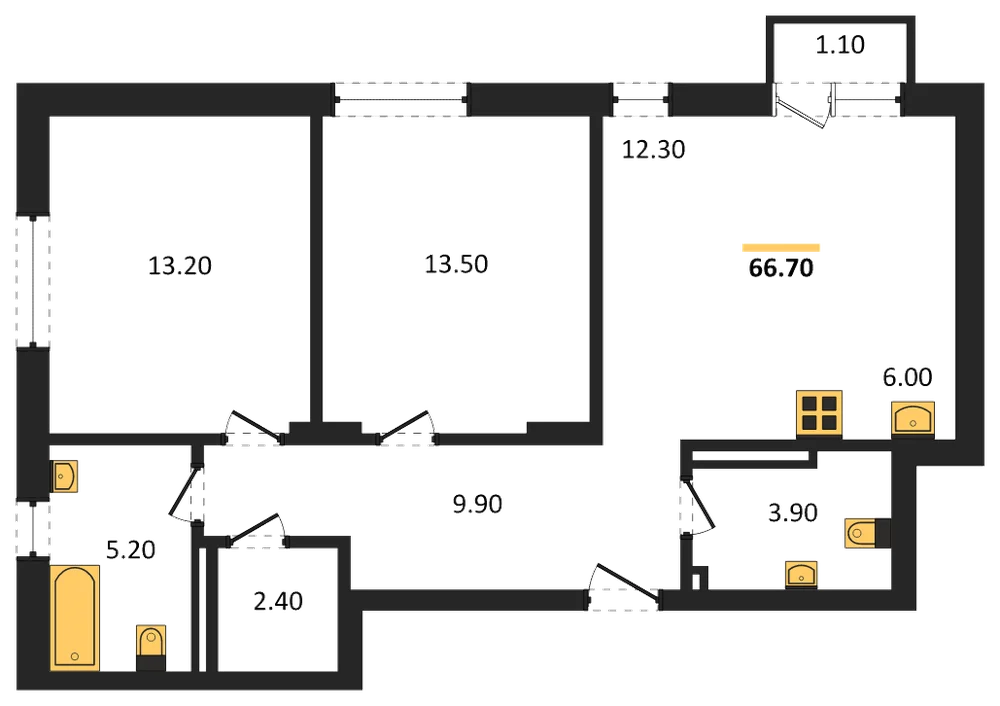 Планировка: 2-комн., 66,7 м²