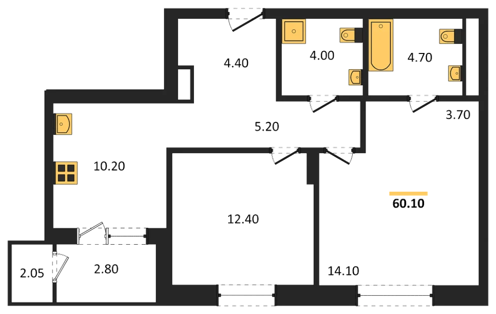 Планировка: 2-комн., 60,1 м²
