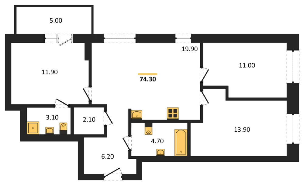 Планировка: 3-комн., 74,3 м²