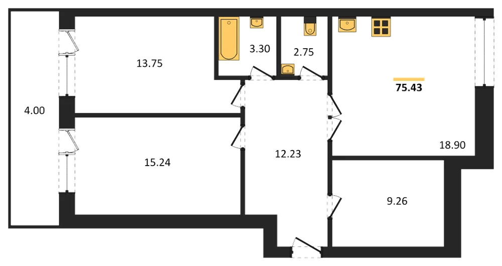 Планировка: 2-комн., 75,8 м²