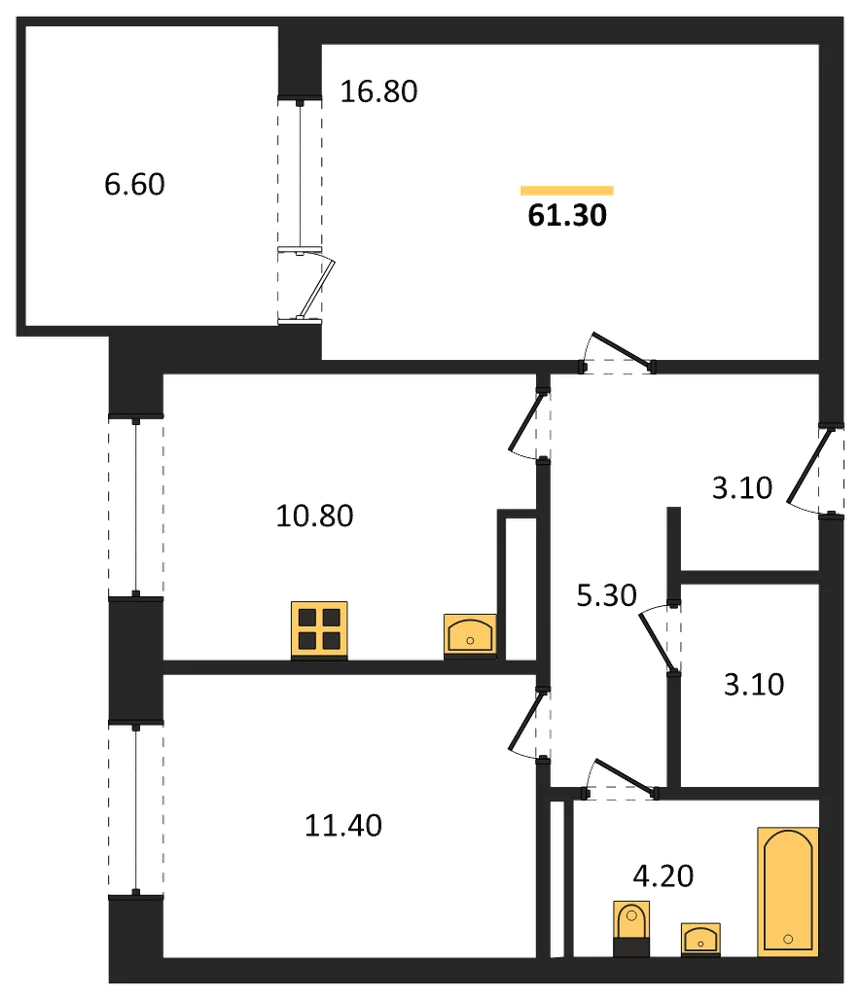 Планировка: 2-комн., 61,3 м²