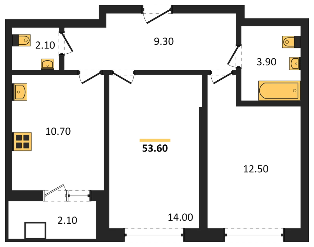 Планировка: 2-комн., 53,6 м²
