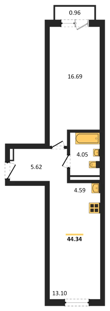 Планировка: 1-комн., 44,3 м²