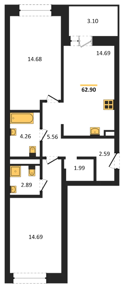 Планировка: 2-комн., 62,9 м²
