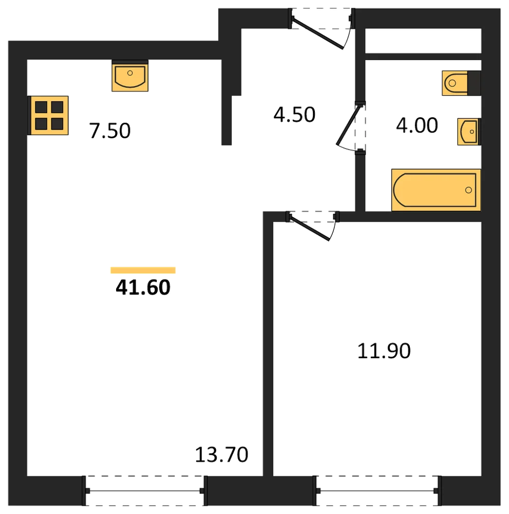Планировка: 1-комн., 41,6 м²