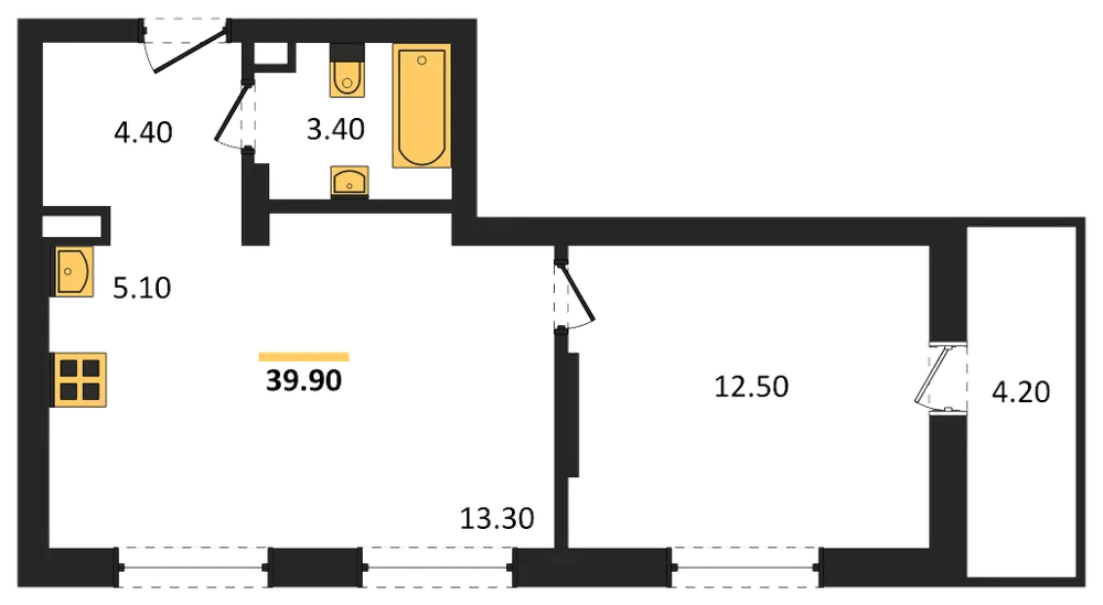 Планировка: 1-комн., 39,9 м²