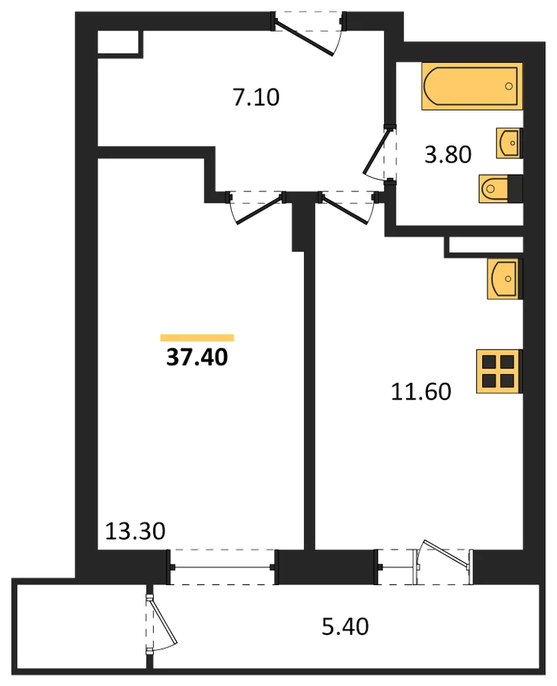 Планировка: 1-комн., 37,4 м²