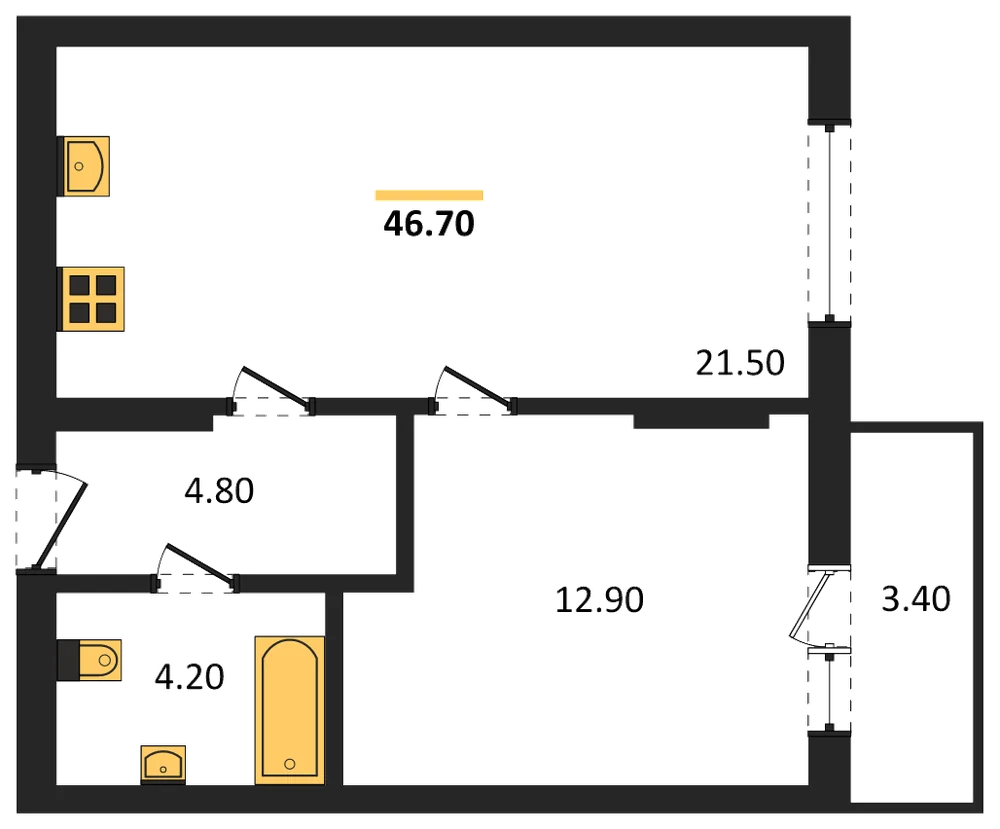 Планировка: 1-комн., 46,7 м²