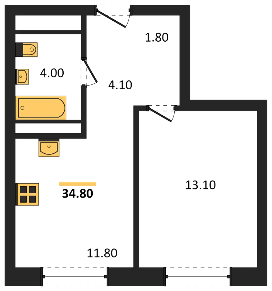 Планировка: 1-комн., 34,8 м²