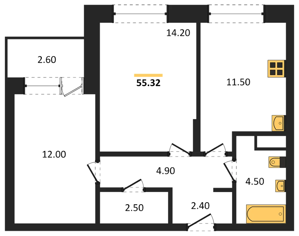 Планировка: 2-комн., 54,6 м²