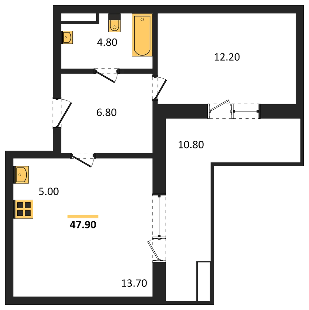 Планировка: 1-комн., 47,9 м²