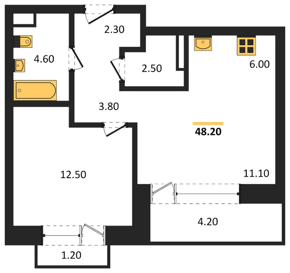 Планировка: 1-комн., 48,2 м²