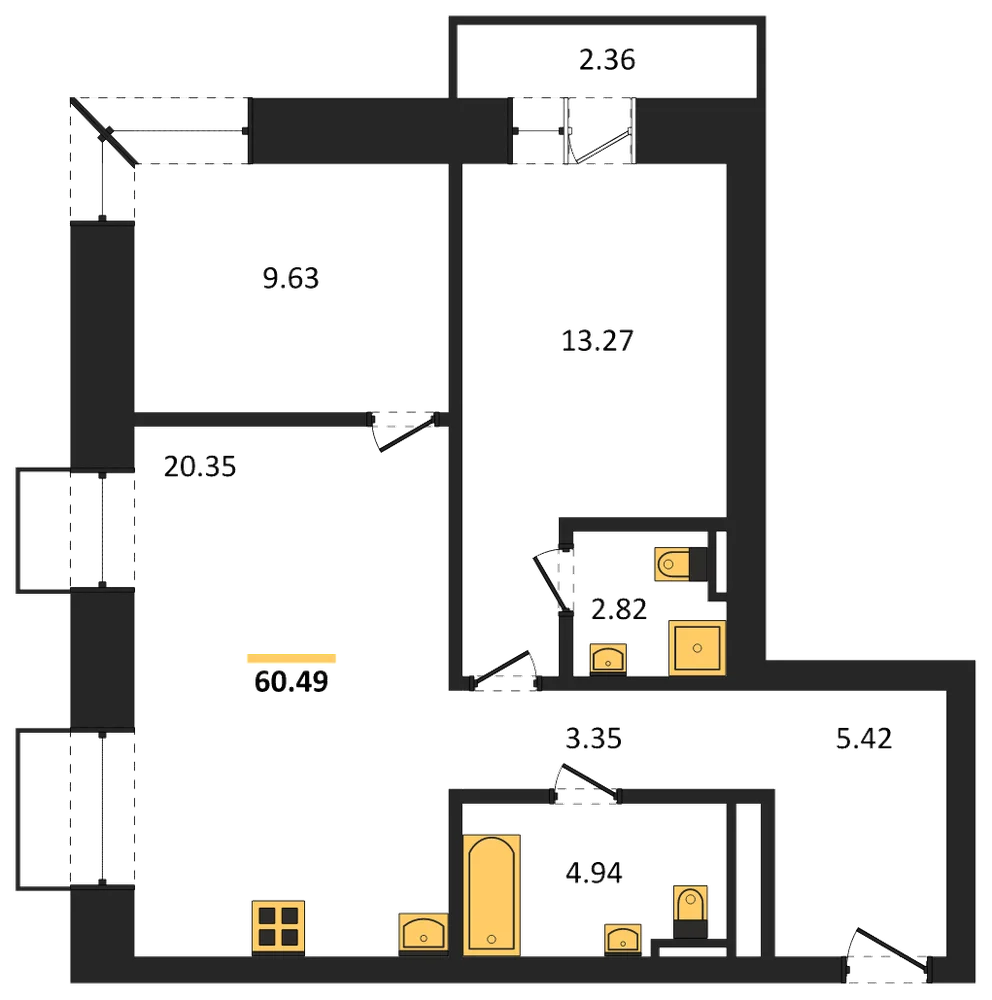 Планировка: 2-комн., 60,5 м²