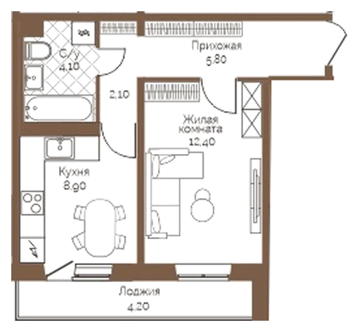 Планировка: 1-комн., 35,4 м²