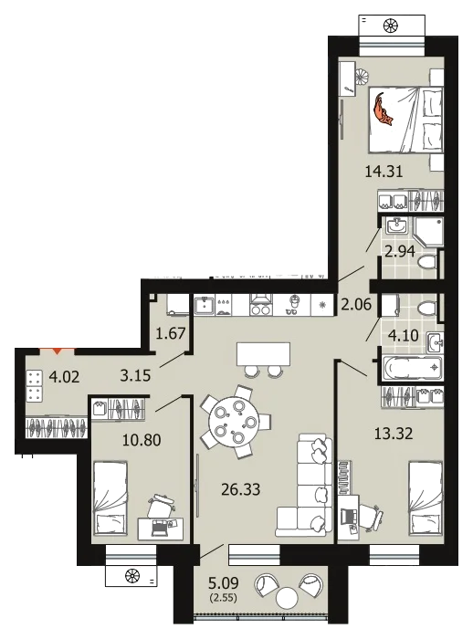 Планировка: 3-комн., 85,3 м²